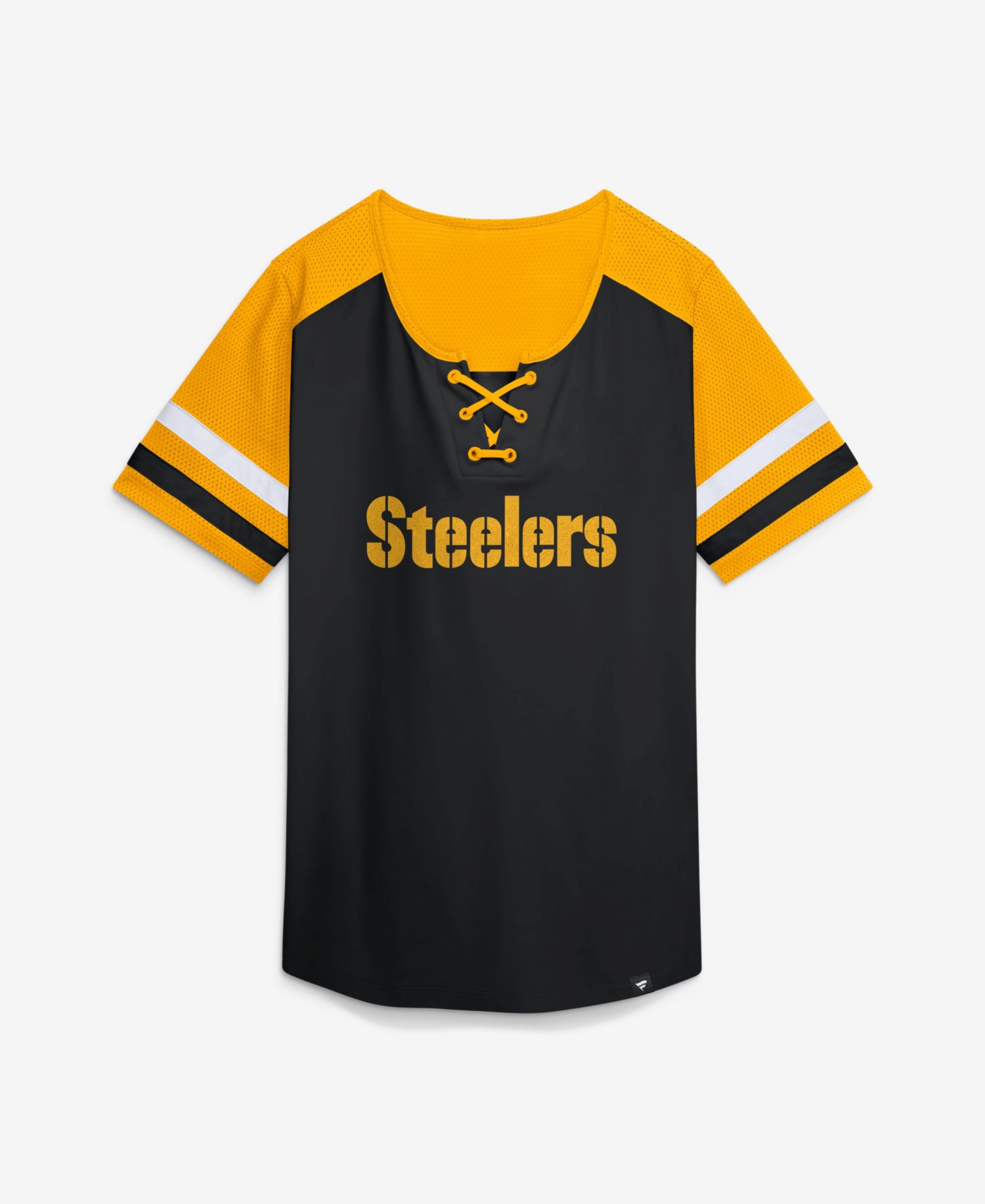 Women's Black Pittsburgh Steelers Curl Route Athena Lace-Up T-Shirt