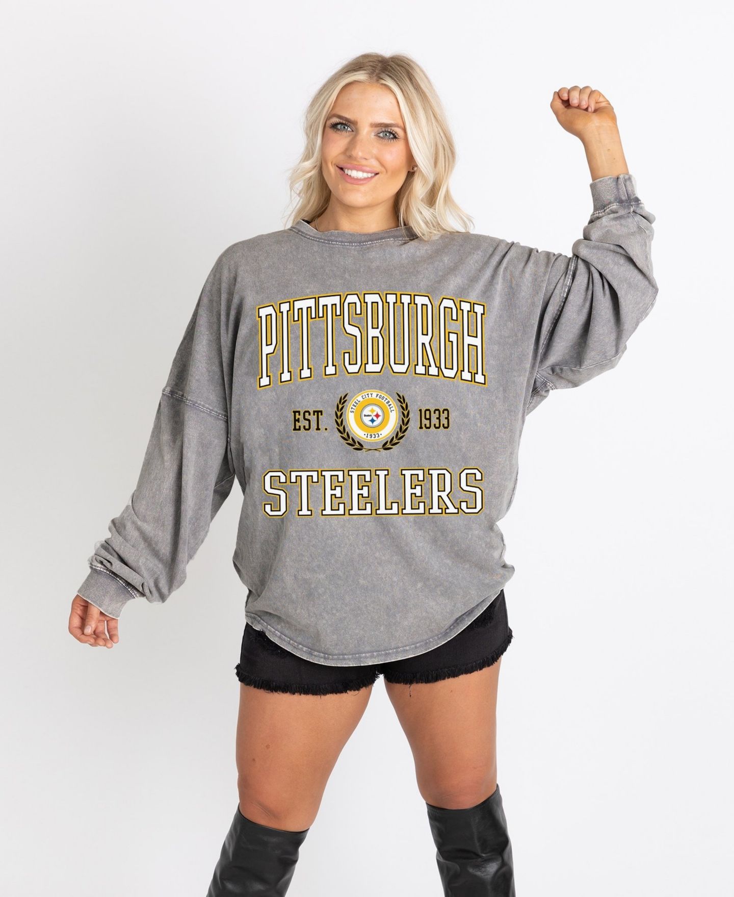Женская футболка Gameday Couture Gray Pittsburgh Steelers Oversized Final Score Snow Wash Long Sleeve — фото 2