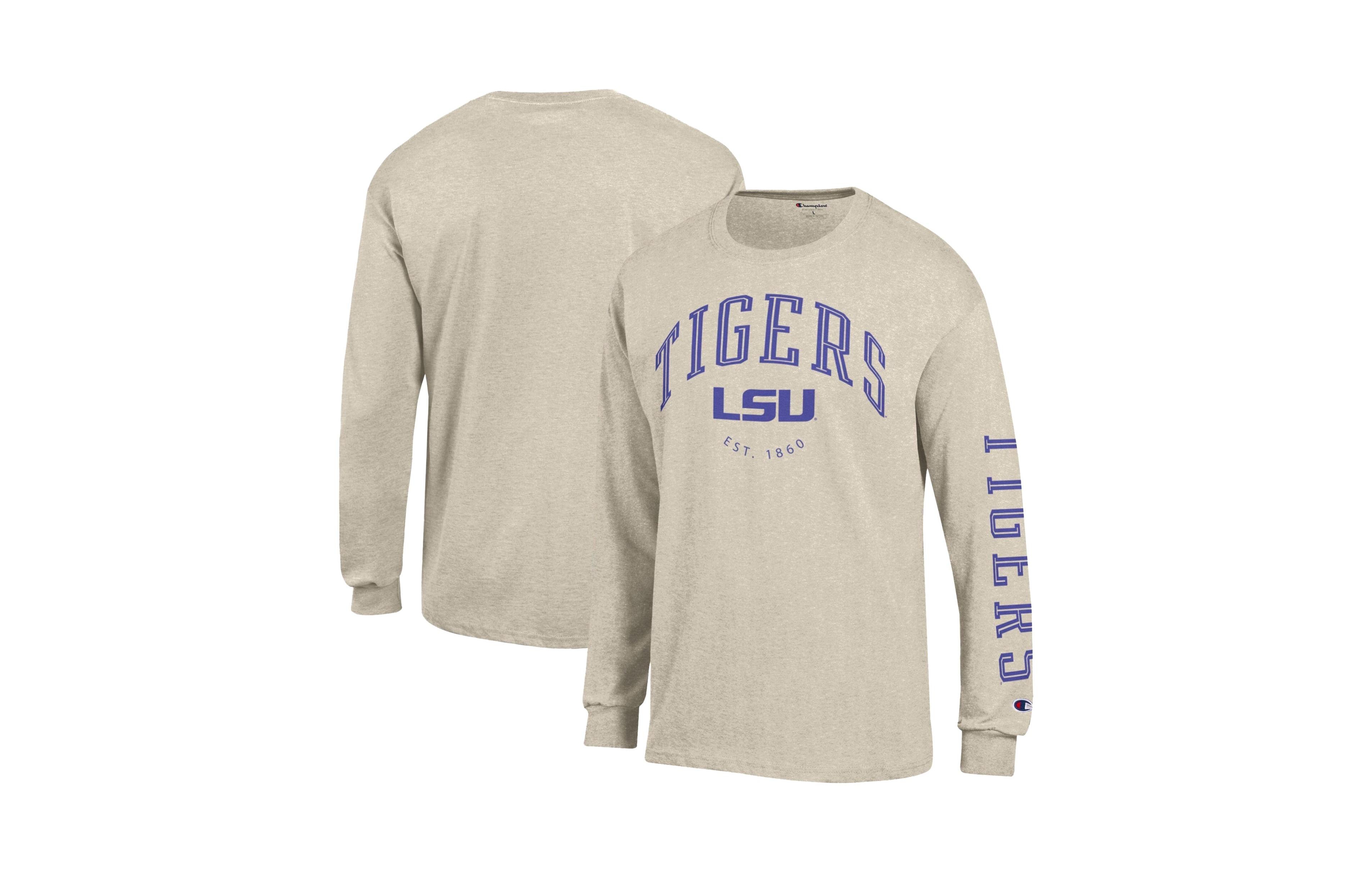 Champion Men's Heather Oatmeal Lsu Tigers Neutral Arch Long-Sleeve T-Shirt