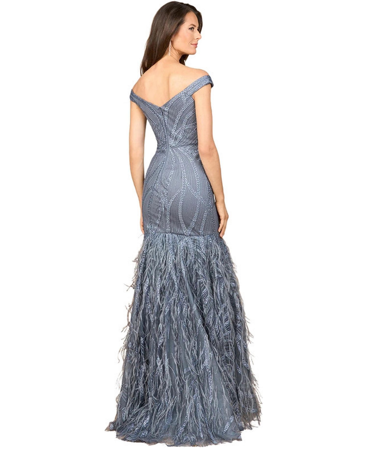 Off Shoulder Mermaid Beaded Gown with Feathers