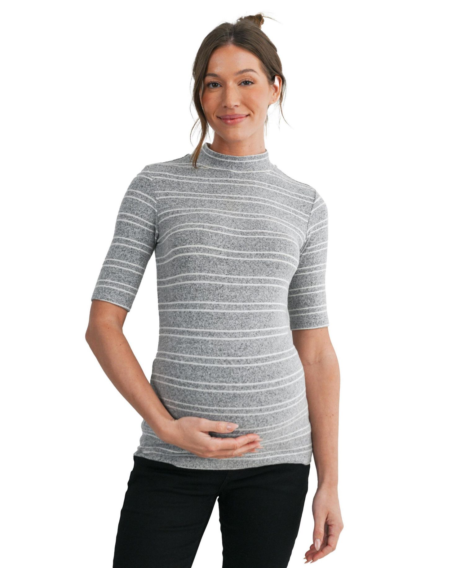 Maternity Mock-Neck Striped Fitted Top