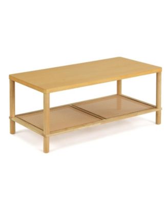 2-Tier Rectangular Coffee Table with Rubber Wood Frame and Rattan Shelf