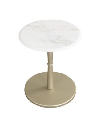 Round Marble Side Table with Beveled Edge and Rubber Wood Pedestal