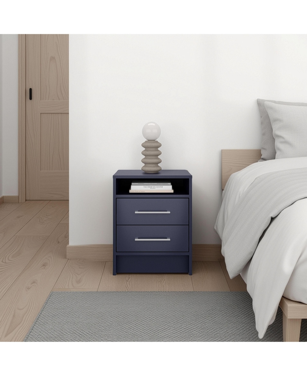 Flynama Modern Nightstand with Open Shelf and 2 Drawers, Minimalist Bedside Storage Table