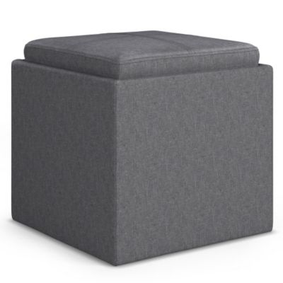 17 Inch Storage Ottoman with Tray Linen Fabric Cube Footrest