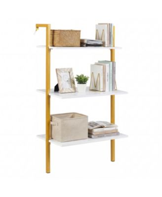3-Tier Modern Wall Mounted Shelves Wooden Floating Shelving Unit Metal Ladder Bookshelf