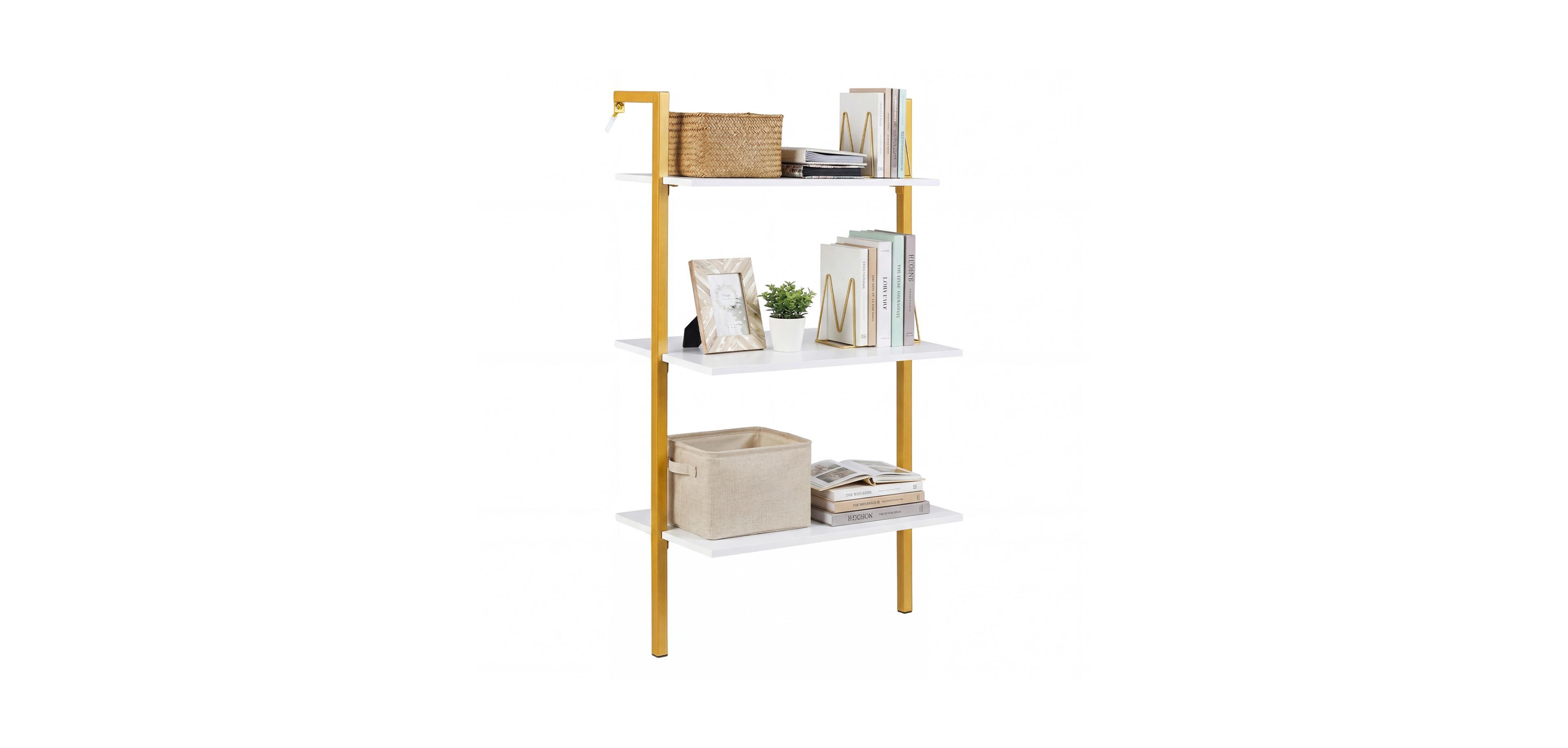 Mecale 3-Tier Modern Wall Mounted Shelves Wooden Floating Shelving Unit Metal Ladder Bookshelf