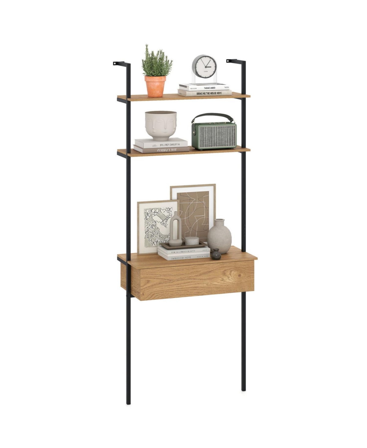 Mecale 4-Tier Ladder Bookshelf with Drawer and Metal Frame for Living Room - Natural