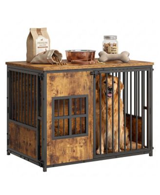 Wooden Dog Crate Furniture, Indoor Large Pet Kennel End Table with Storage Top