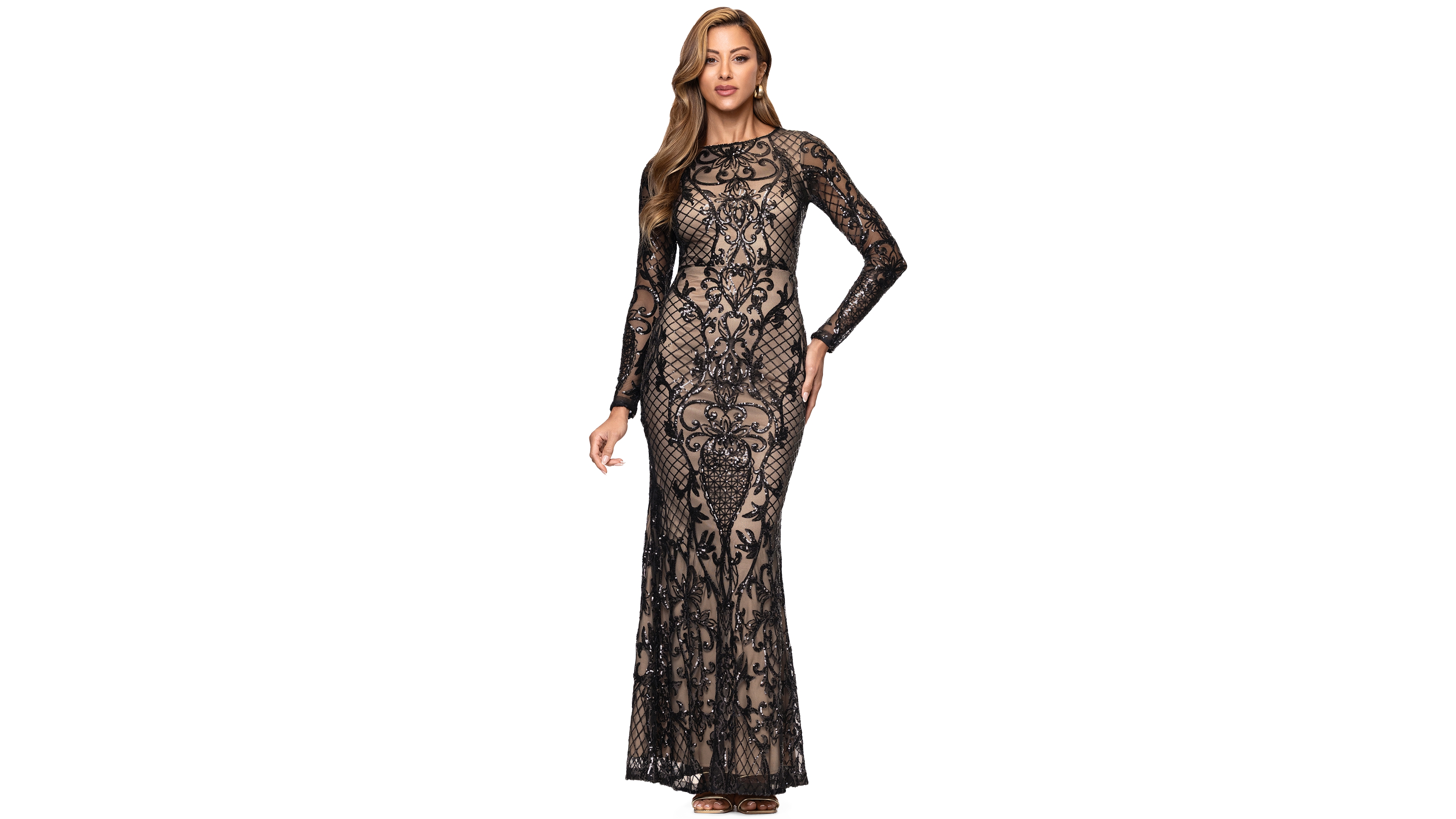 B&A By Betsy and Adam Petite Long-Sleeve Sequin Geometric Gown