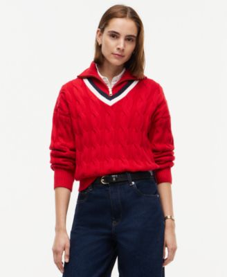 Women's Cable Half Zip Cricket Turtleneck Relaxed-Fit Sweater