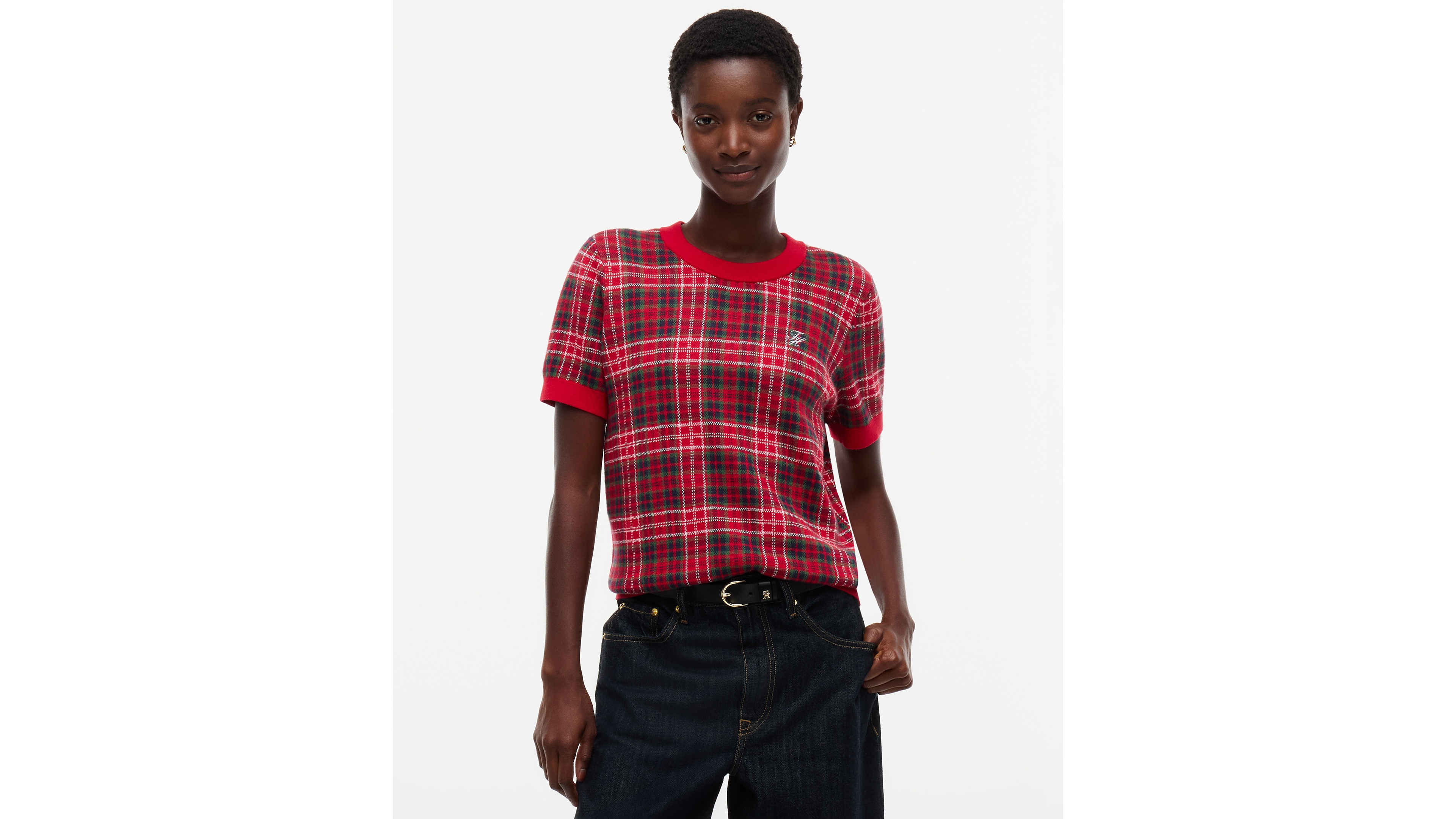 Tommy Hilfiger Women's Jacquard Tartan Short-Sleeve Sweater