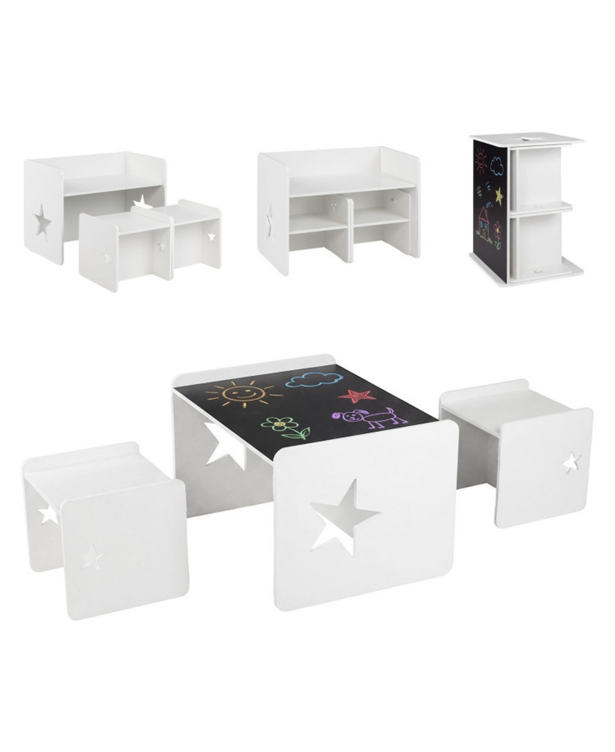 Gouun 3-Piece Space-Saving Toddler Table and Chair Set with Chalkboard Top - White