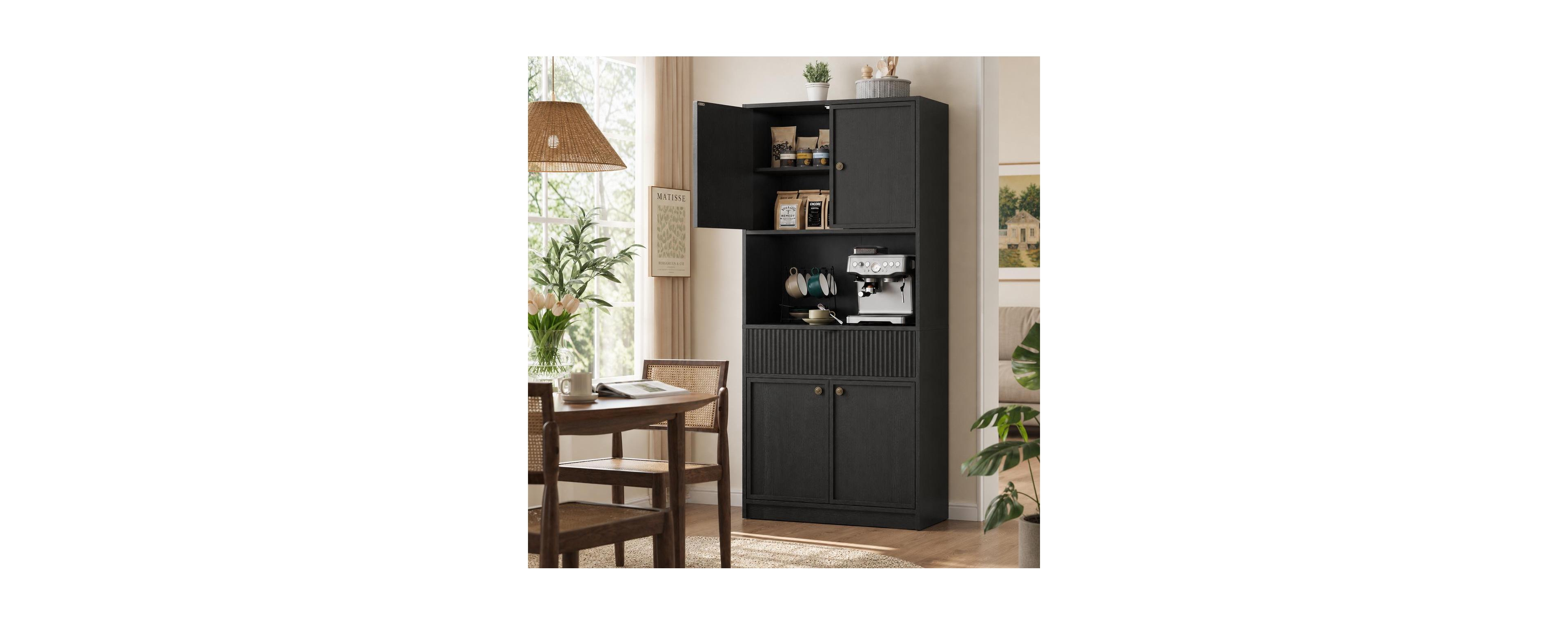 homfan 70" Tall Kitchen Pantry Cabinet with Countertop, Fluted Doors and Drawer, Freestanding Cupboard for Dining Room, Living Room