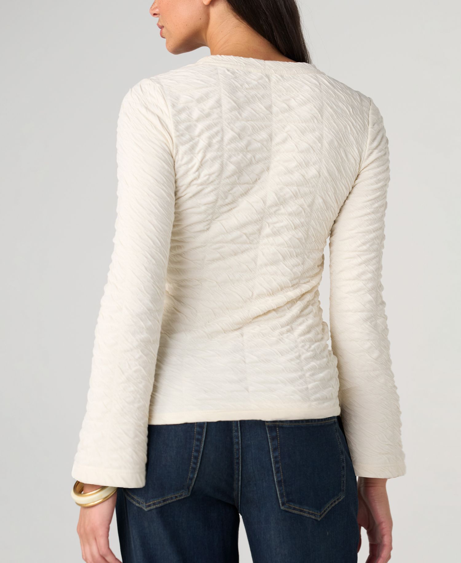 Women's Crewneck Crinkled-Knit Flared Long-Sleeve Top