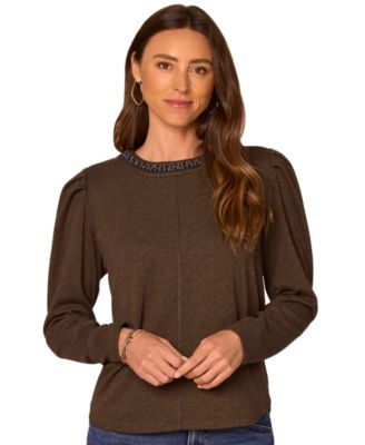 Women's Long-Sleeve Rhinestone-Embellished Scoop Neck Blouse