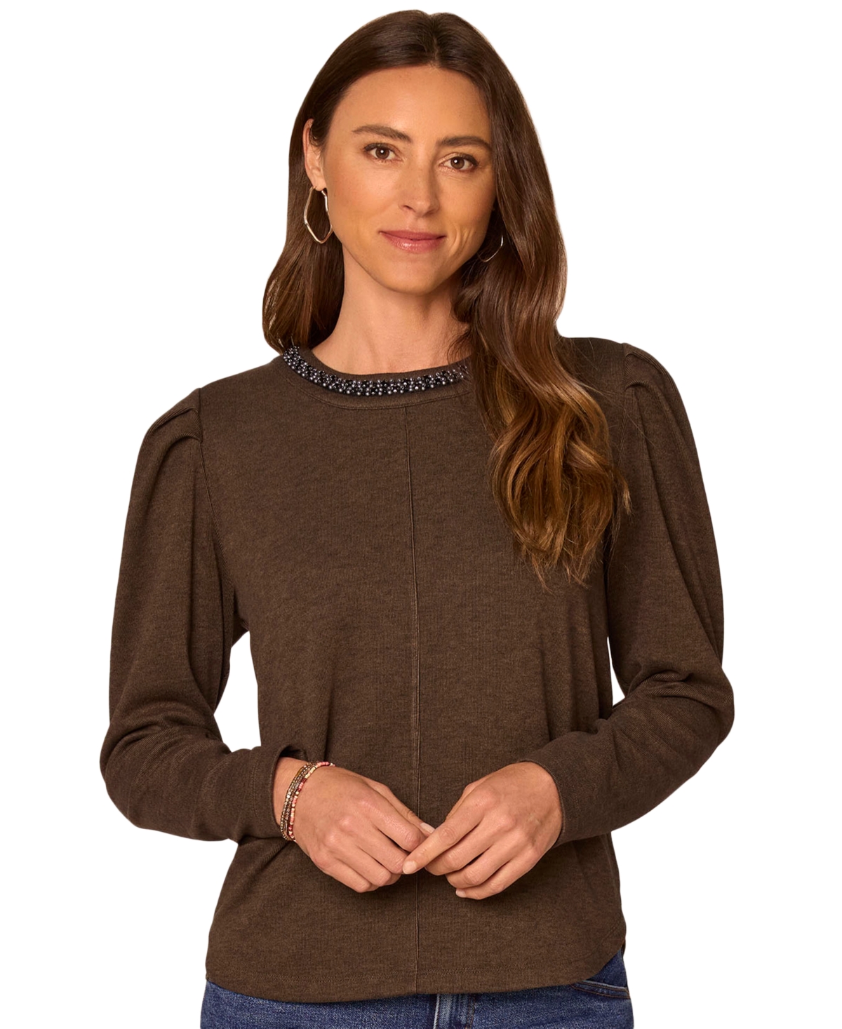 Democracy Women's Long-Sleeve Rhinestone-Embellished Scoop Neck Blouse