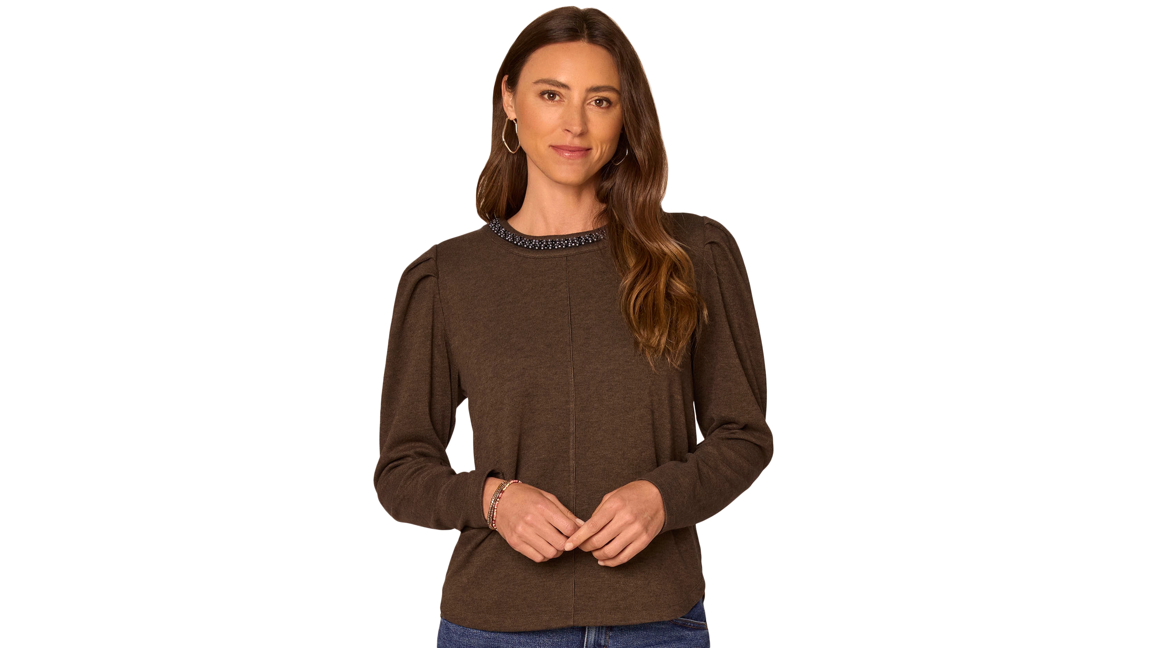 Democracy Women's Long-Sleeve Rhinestone-Embellished Scoop Neck Blouse