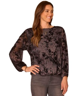Women's Floral-Print Long-Blouson Sleeve Boat-Neck Blouse