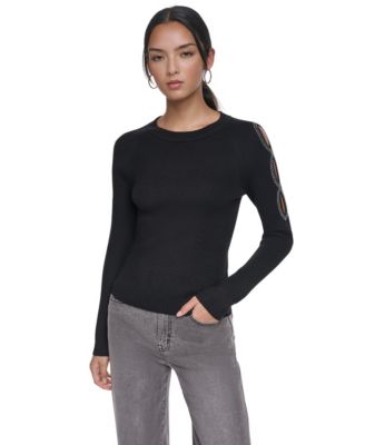 Women's Cold-Shoulder Studded Ribbed-Knit Sweater