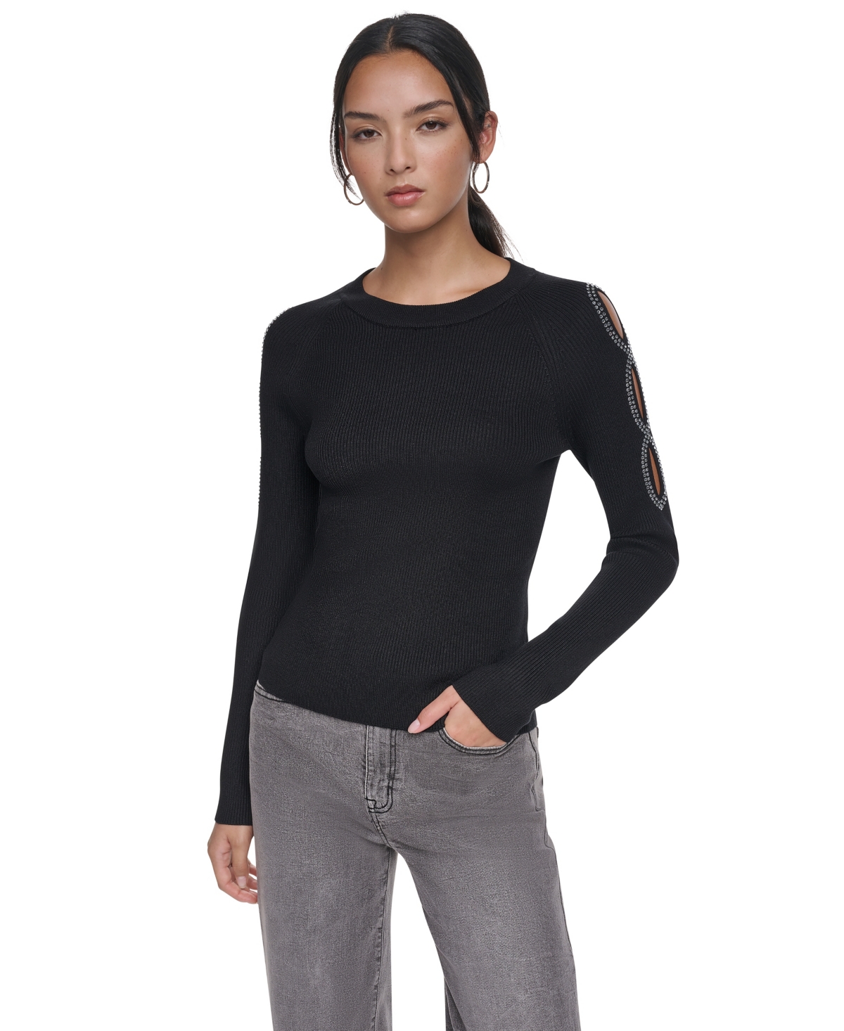 Dkny Women's Cold-Shoulder Studded Ribbed-Knit Sweater - Black