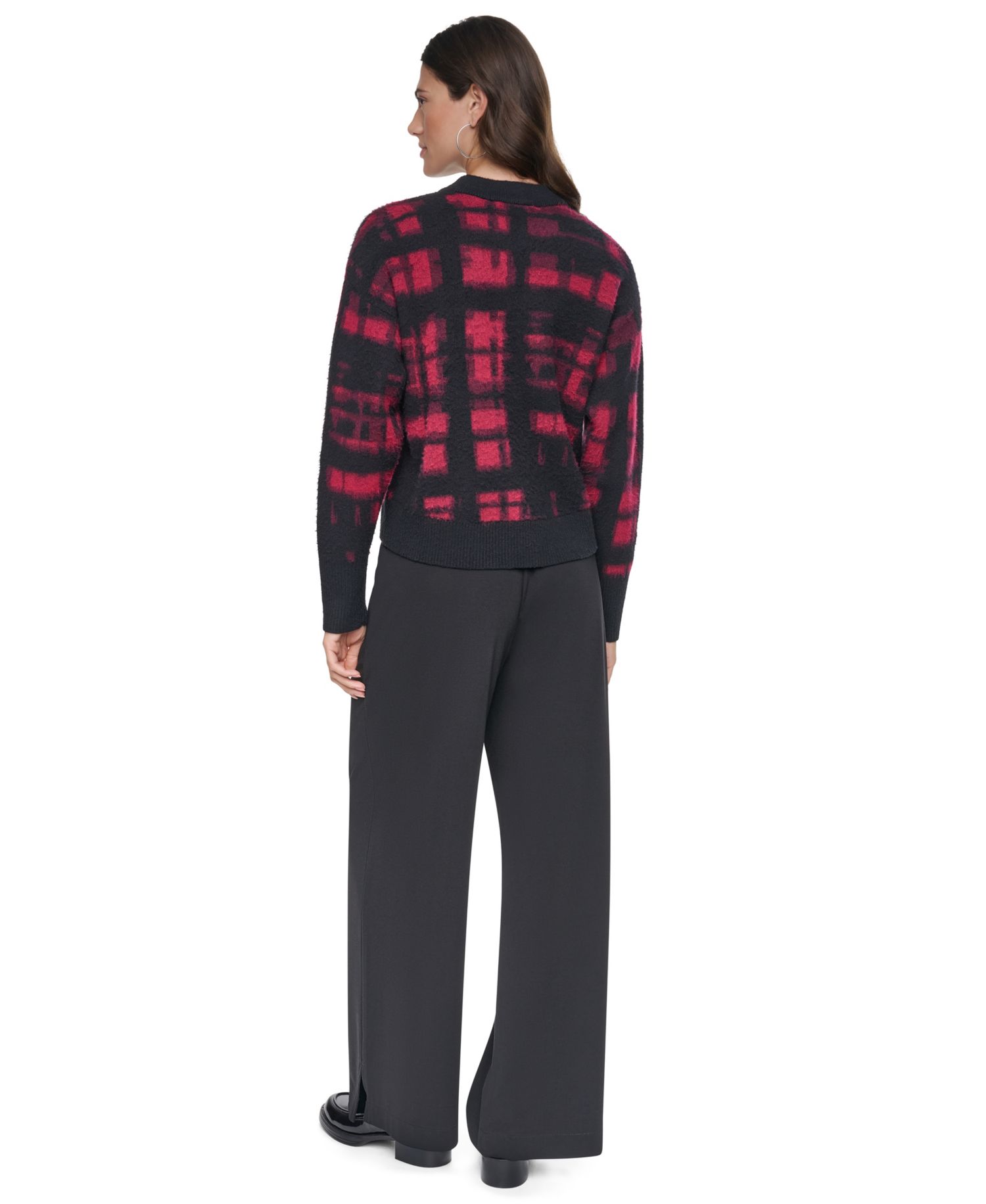 Women's Brushed-Plaid Long-Sleeve Crewneck Pullover Sweater