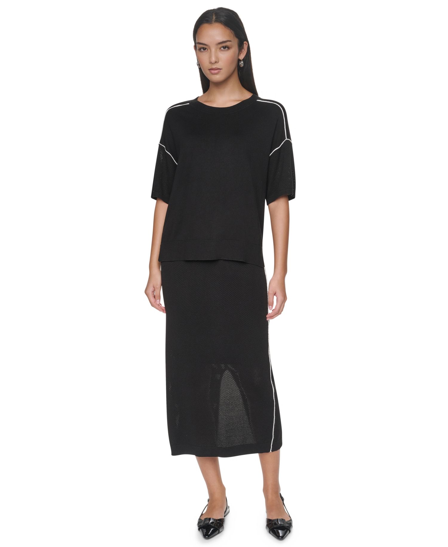 Women's Short-Sleeve Pointelle-Mesh Contrast-Trim Sweater