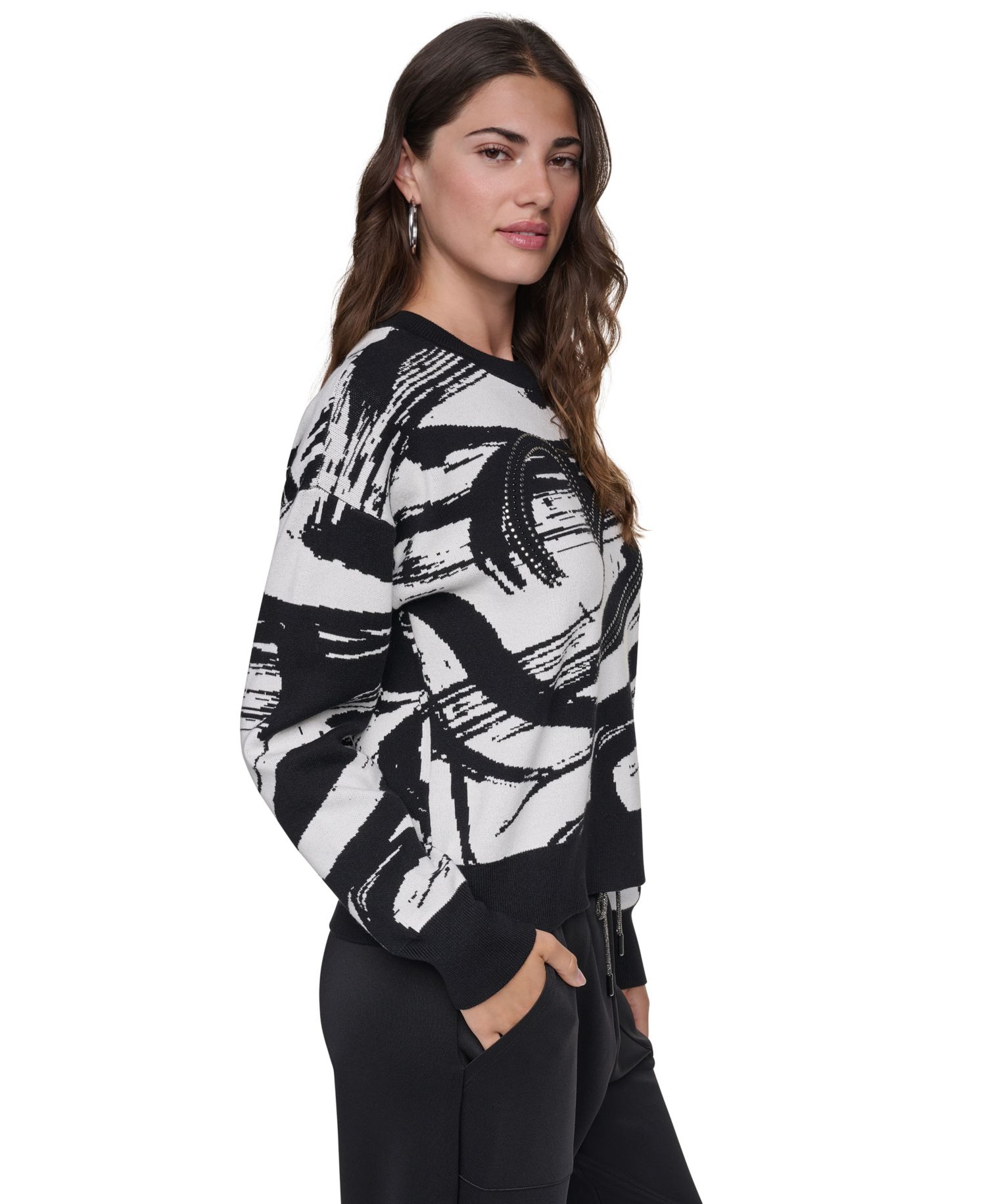 Women's Studded Heart Brush Stroke Crewneck Long-Sleeve Sweater