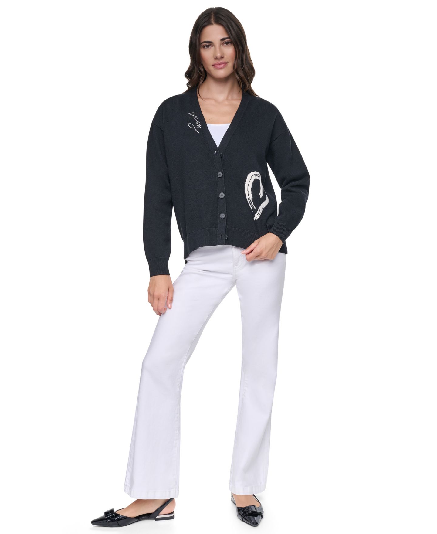 Женский кардиган DKNY Heart Brush Stroke Button-Front V-Neck Cardigan, цвет: Чёрный / Слоновая кость — фото 2
