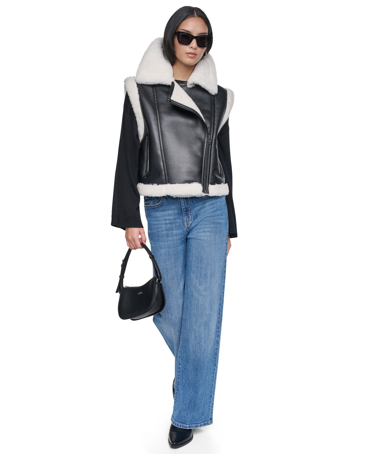 Женский жилет DKNY Moto Faux Shearling Trim, цвет: Чёрный / Слоновая кость — фото 6