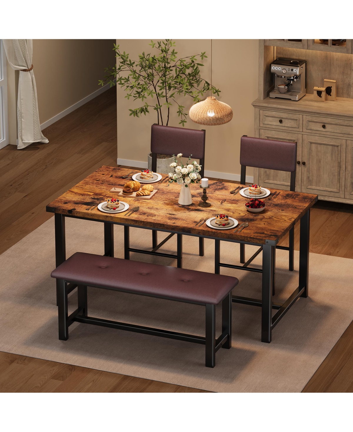 homfan 4-Piece Dining Table Set with Bench and 2 Upholstered Chairs, Wood-Top Kitchen Set for Small Spaces, Apartment or Dining Room - Brown