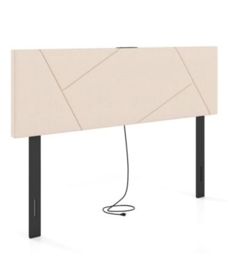 Upholstered Geometric Panel Headboard for Full and Queen Beds with Charging Station