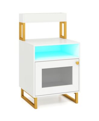 4-Tier LED Nightstand with Top Tray Open Compartment and Reeded Cabinet Door