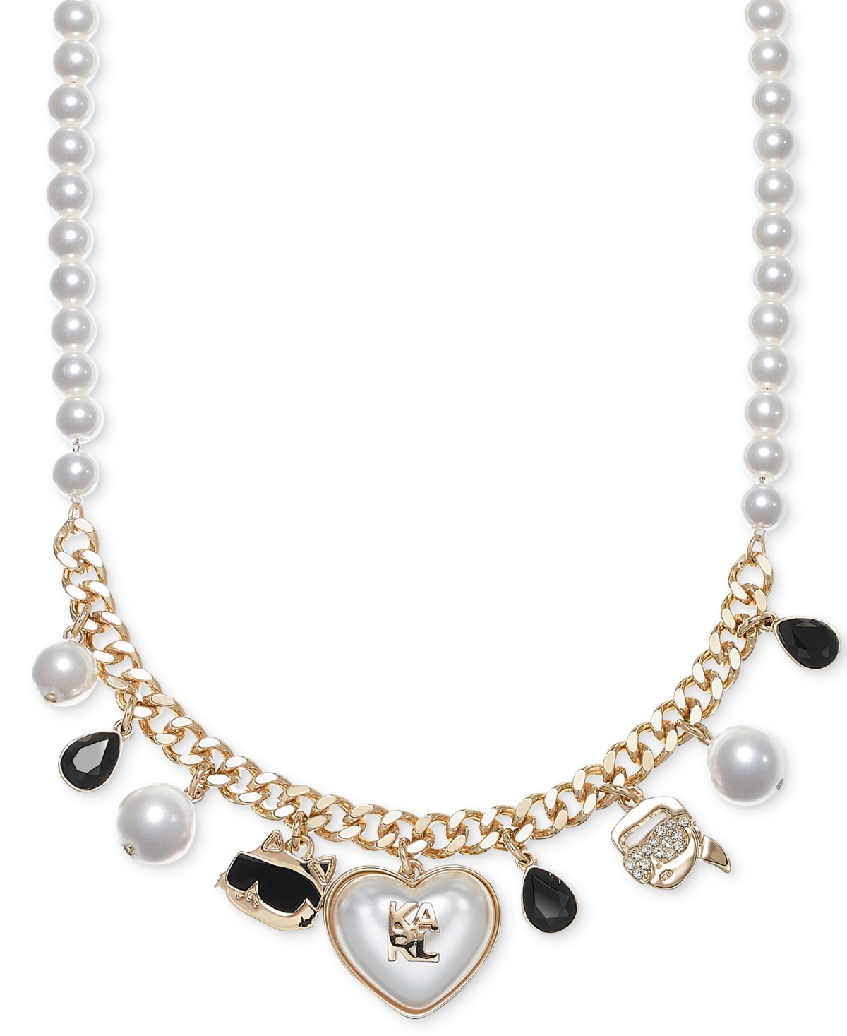Karl Lagerfeld Paris Gold-Tone Crystal and Imitation Pearl Ikon Charm Necklace - White