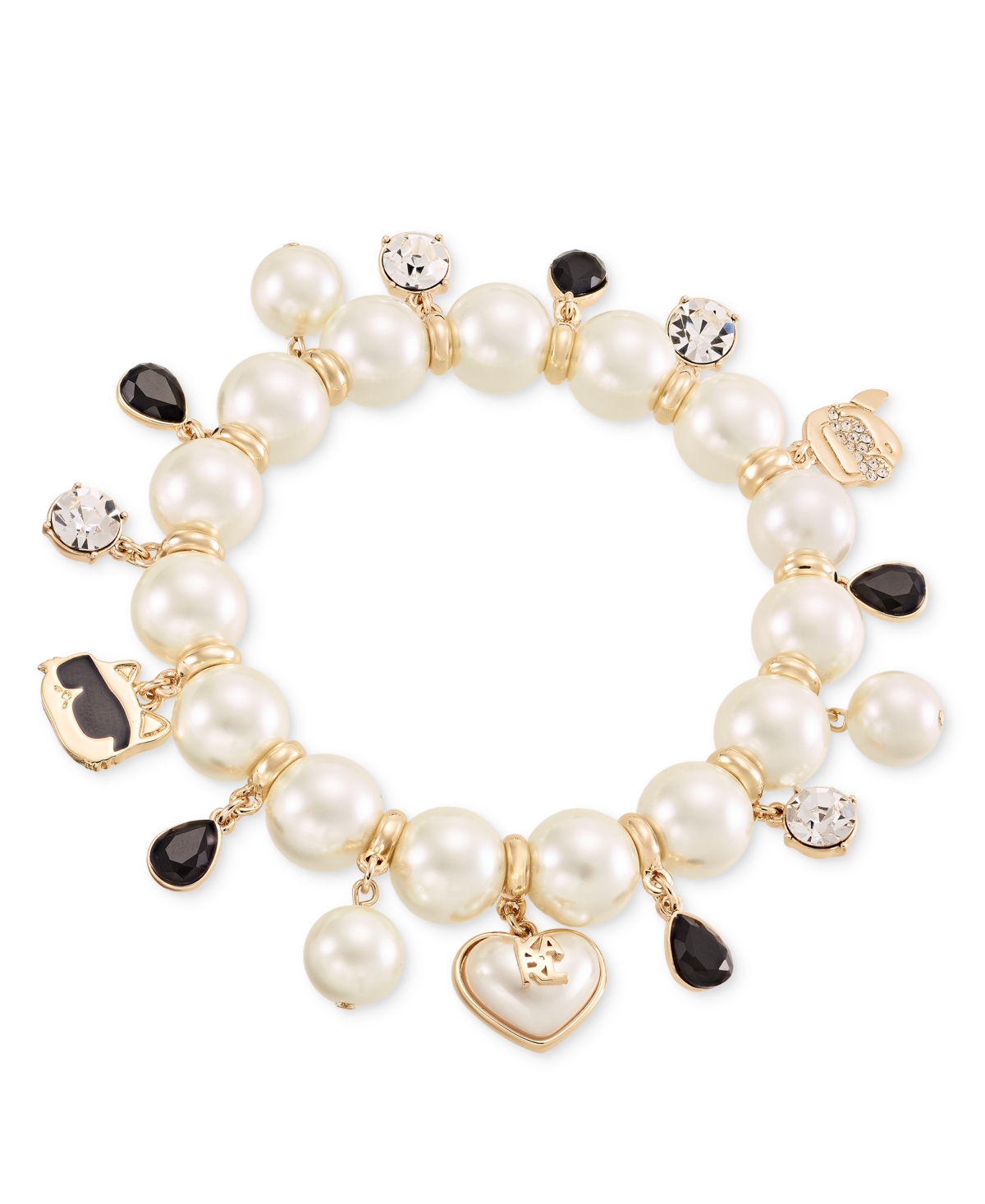 Karl Lagerfeld Paris Imitation Pearl and Crystal Gold-Tone Charm Bracelet - White