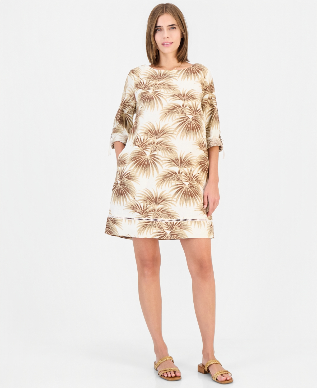 Charter Club Women's Scoop Neck 3/4-Sleeve with Roll-Tab 100% Linen Dress, Macy's Exclusive - Layered Leaves