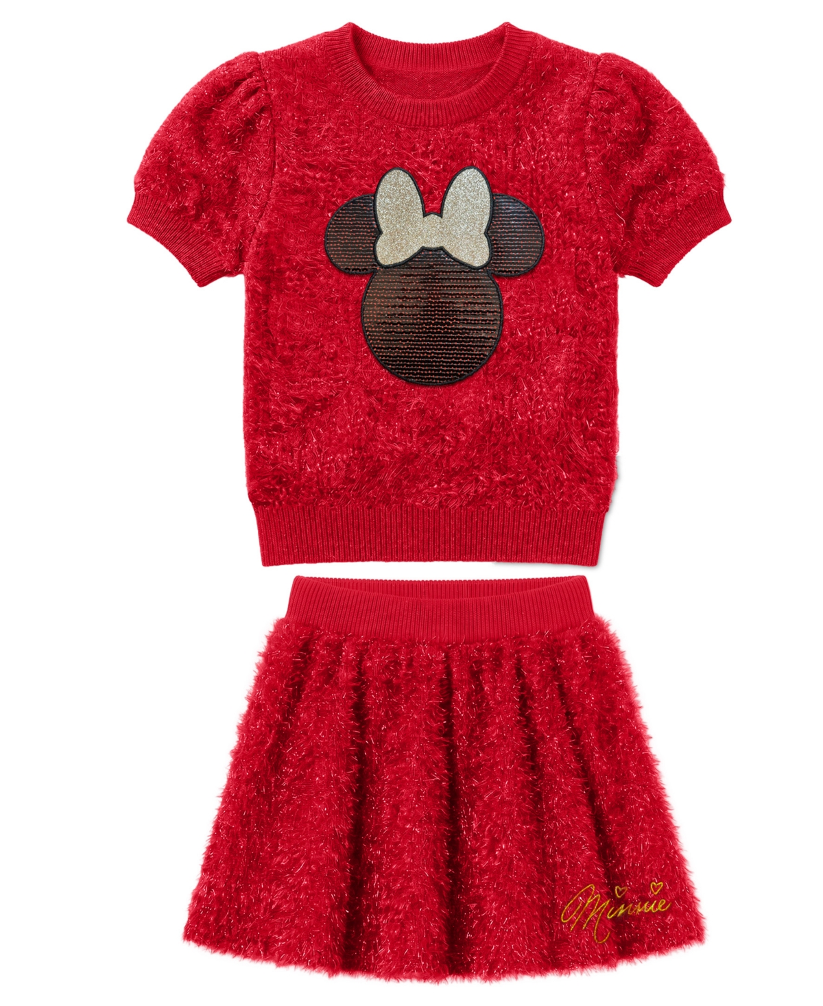 Disney Girls' 2T-6X Minnie Eyelash Sequin Short-Sleeve Top and Skirt, 2-Piece Set - Red