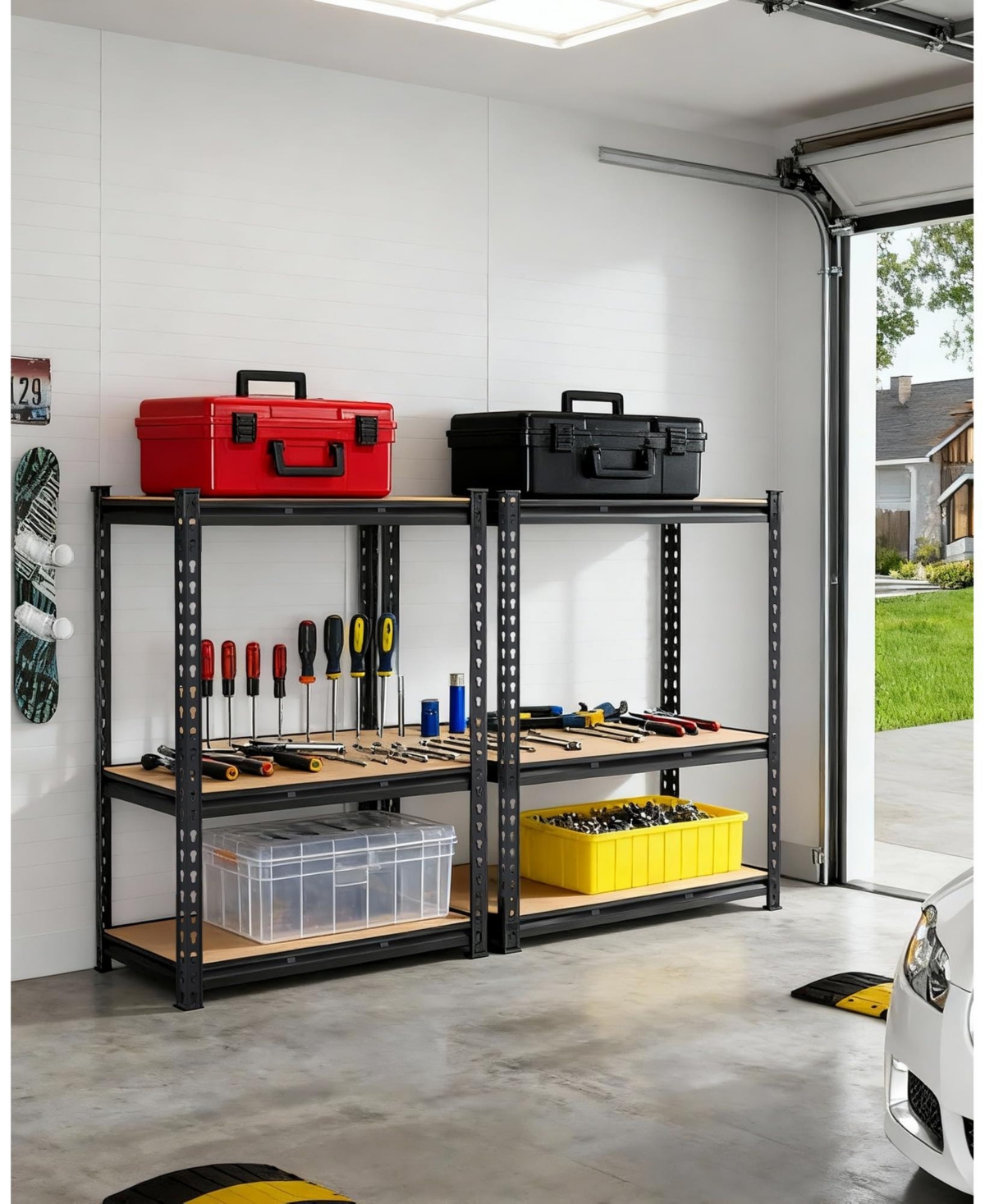 homfan 3-Tier Heavy Duty Storage Shelving Unit, Carbon Steel Frame with Engineered Wood Shelves for Garage Basement - Black