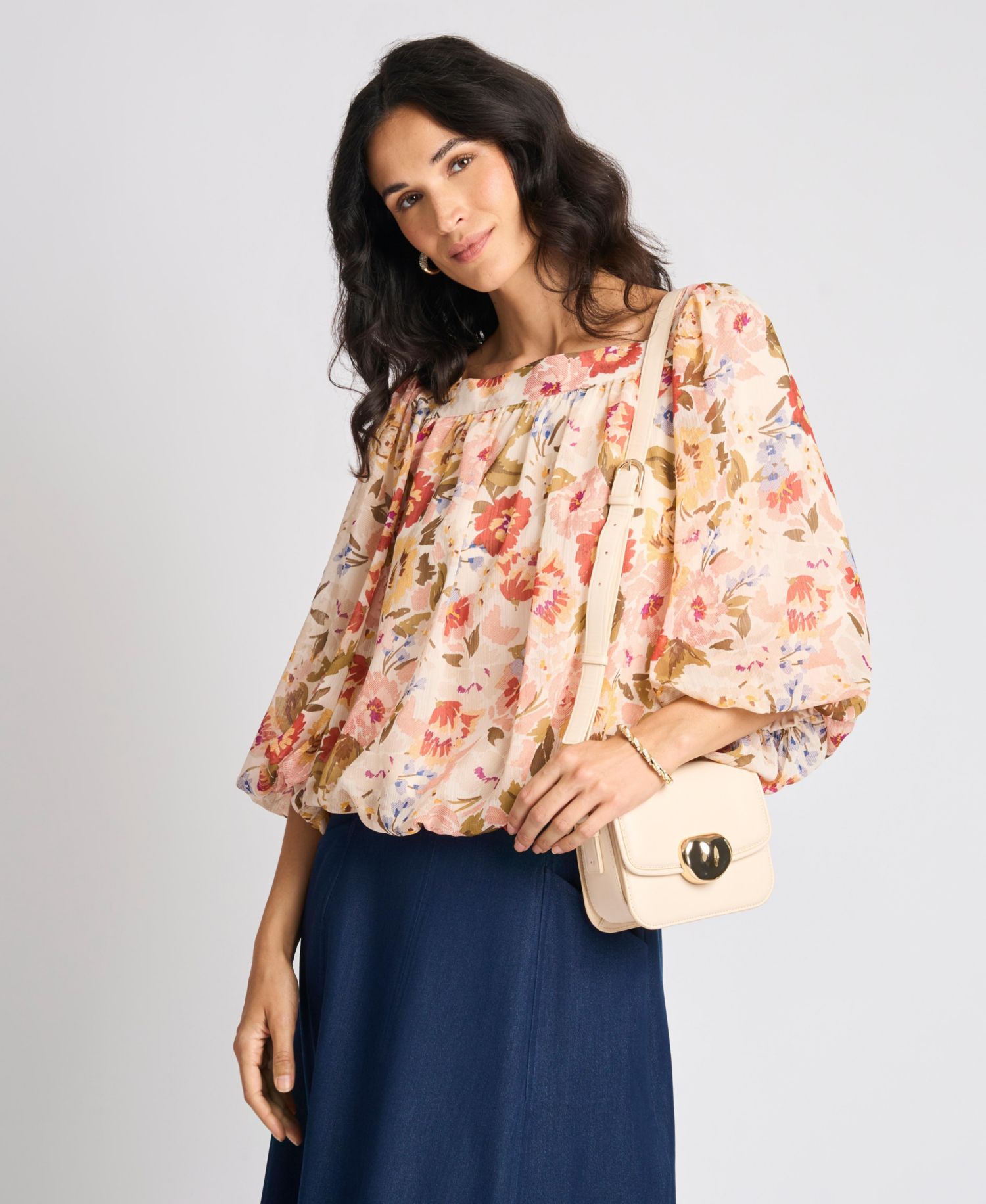 Women's Square-Neck 3/4-Sleeve Floral Blouse