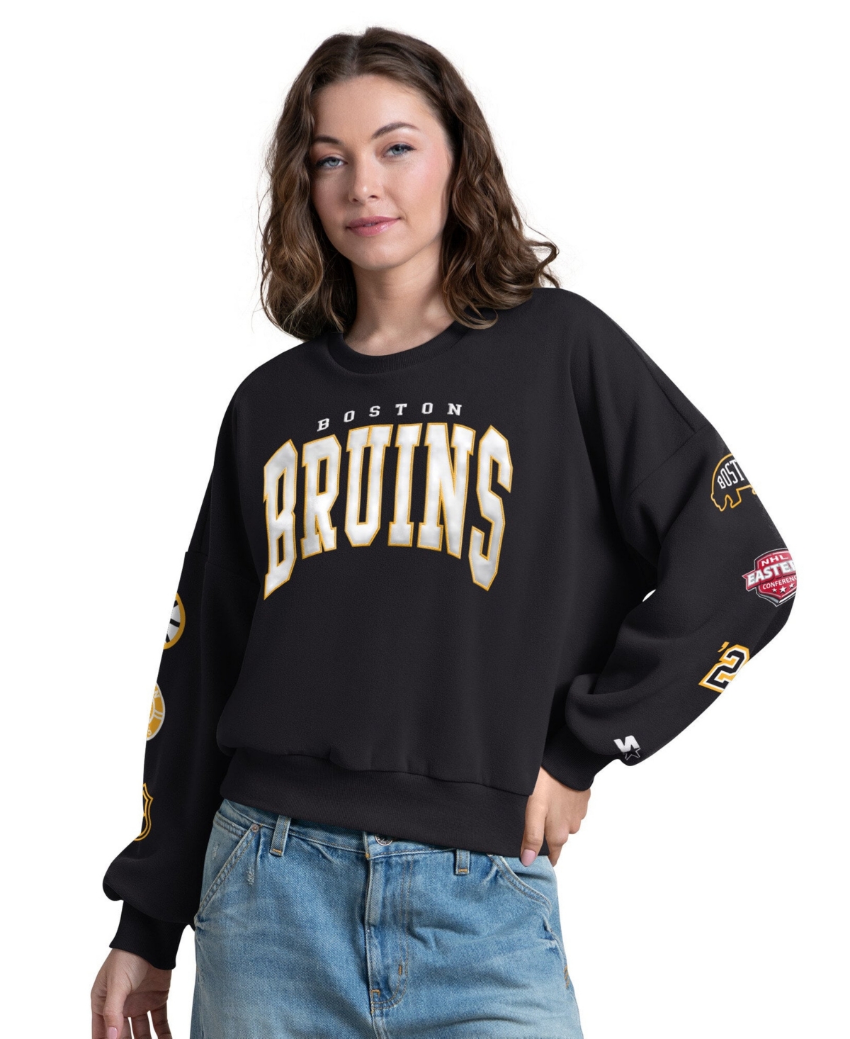 Starter Women's Boston Bruins Embroidered Applique Dropped-Shoulder Sweatshirt - Black