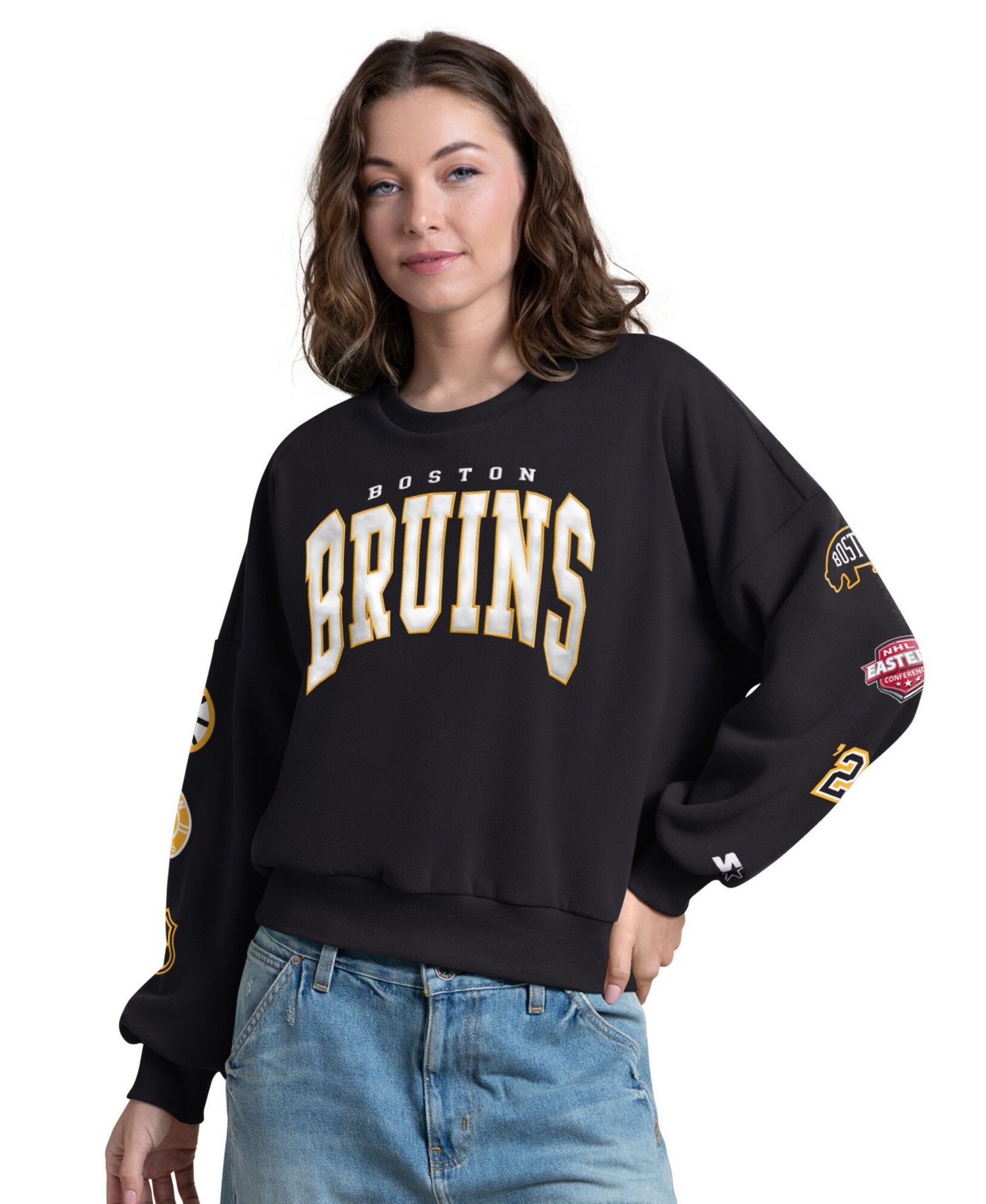 Women's Black Boston Bruins Fan Catch Applique Sleeve Print Sweatshirt