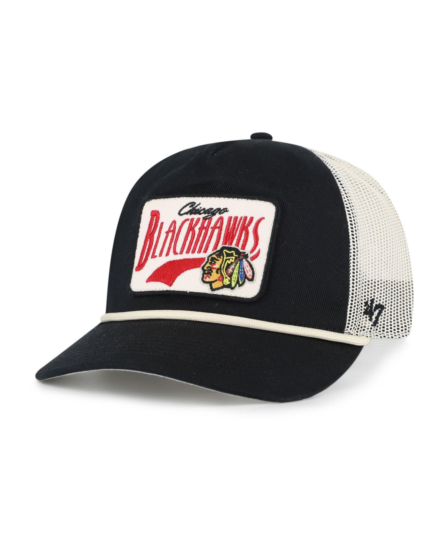 Мужская кепка '47 Brand Black Chicago Blackhawks Emmett Heavy Twill Trucker Hitch Rope Adjustable Hat — фото 1