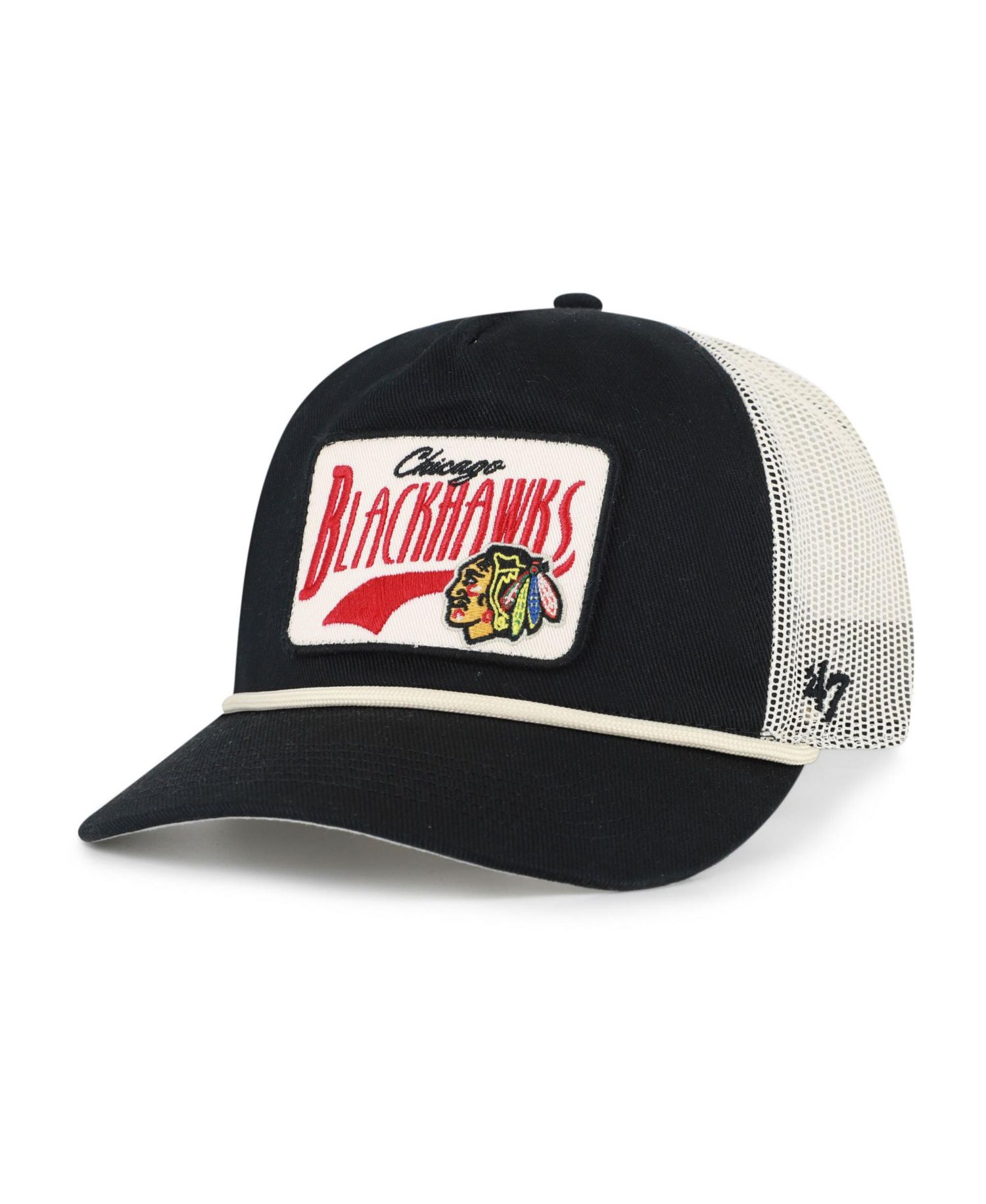 Men's '47 Black Chicago Blackhawks Emmett Heavy Twill Trucker Hitch Rope Adjustable Hat