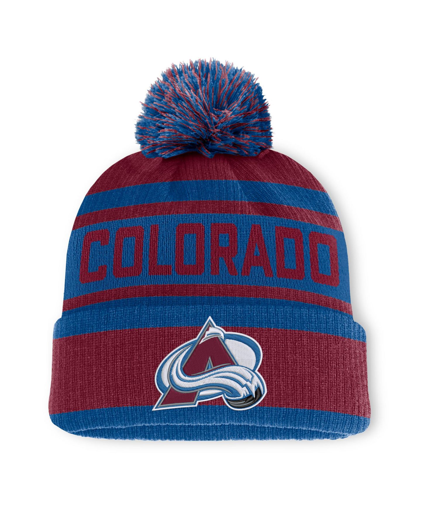 Мужская шапка Fanatics Burgundy/Blue Colorado Avalanche Fundamental Cuffed Knit Hat with Pom — фото 1