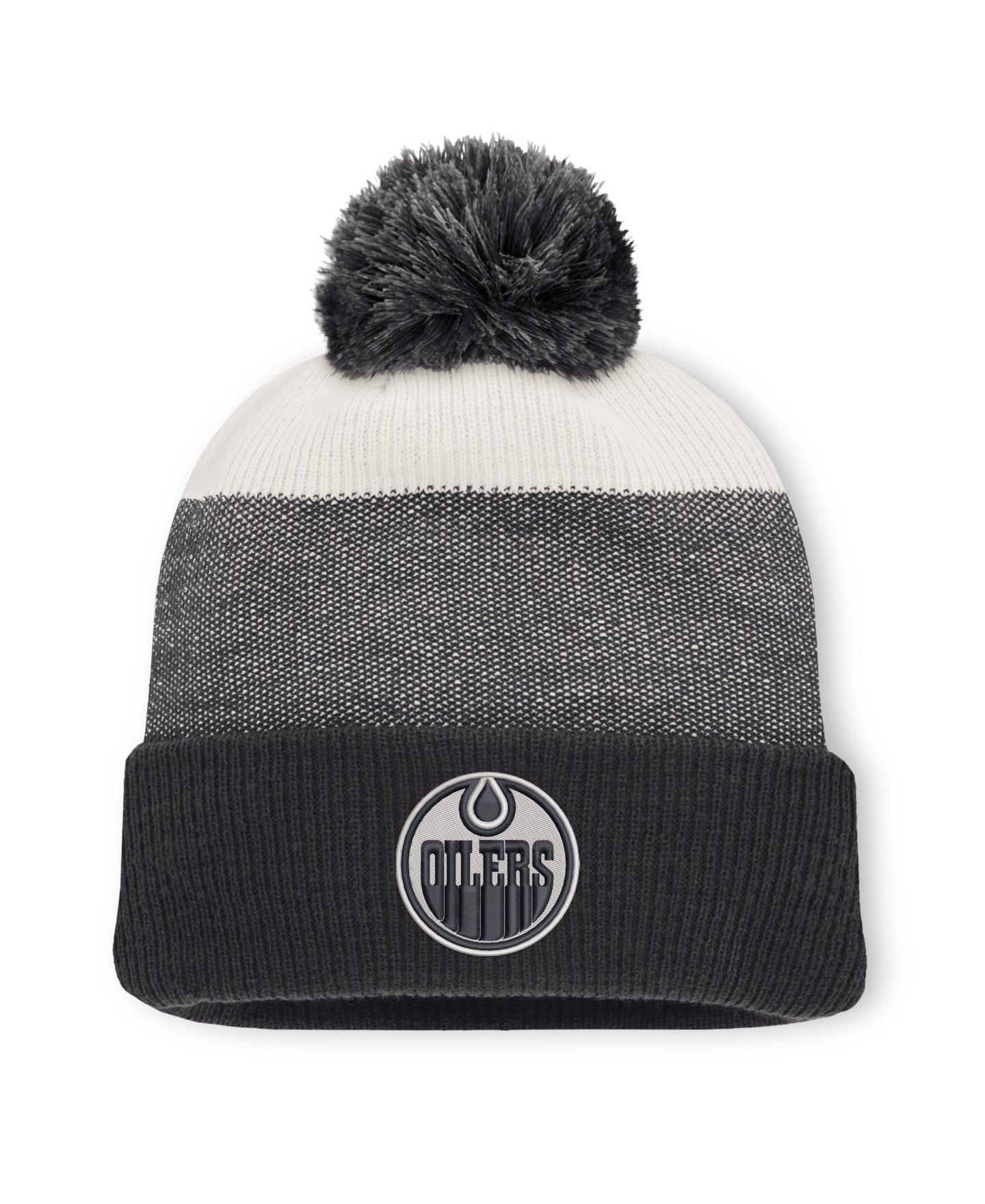 Мужская шапка Fanatics Black/Light Beige Edmonton Oilers Monochrome Cuffed Knit Hat with Pom — фото 1