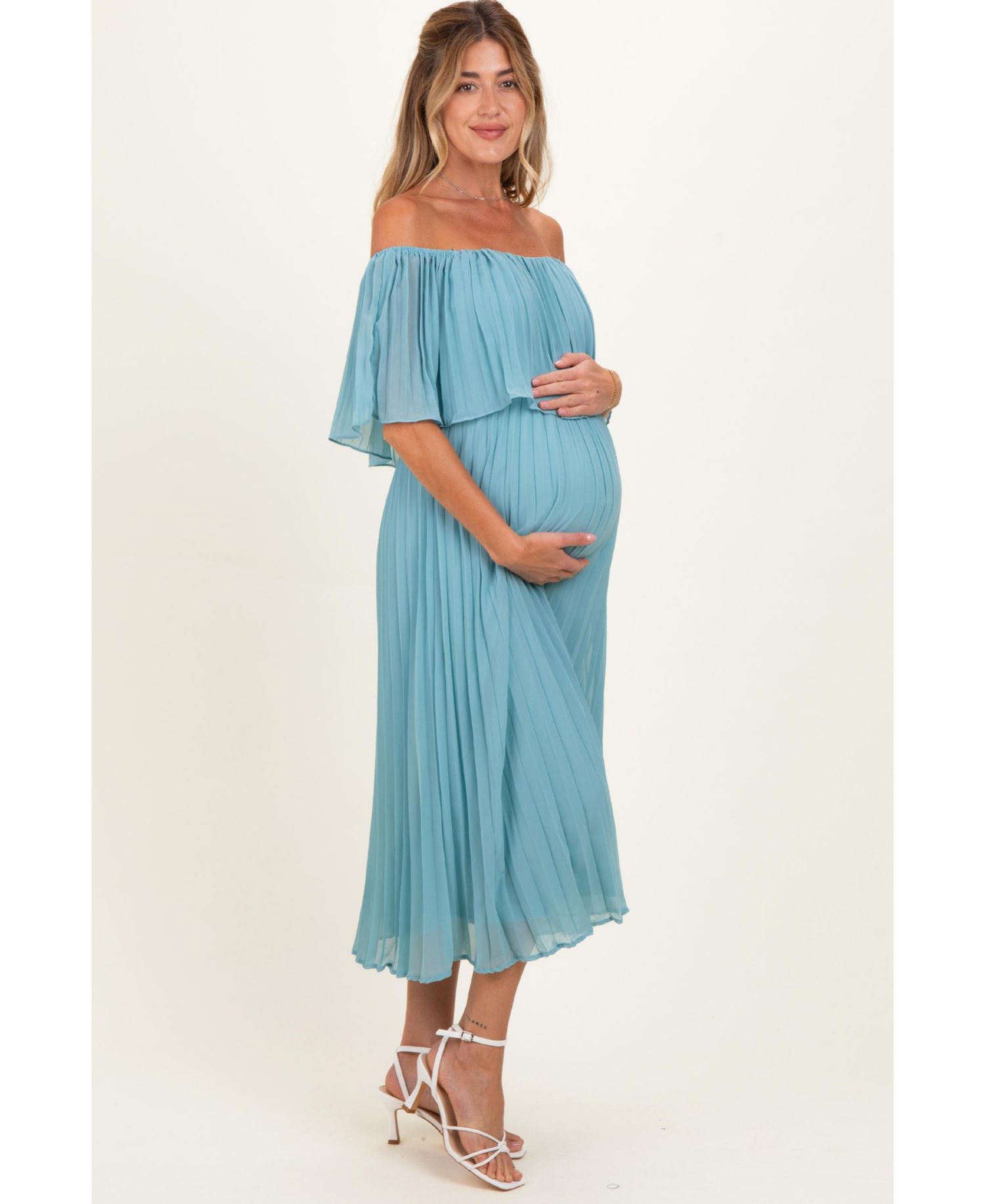 Maternity Pleated Off-the-Shoulder Flounce Midi Dress