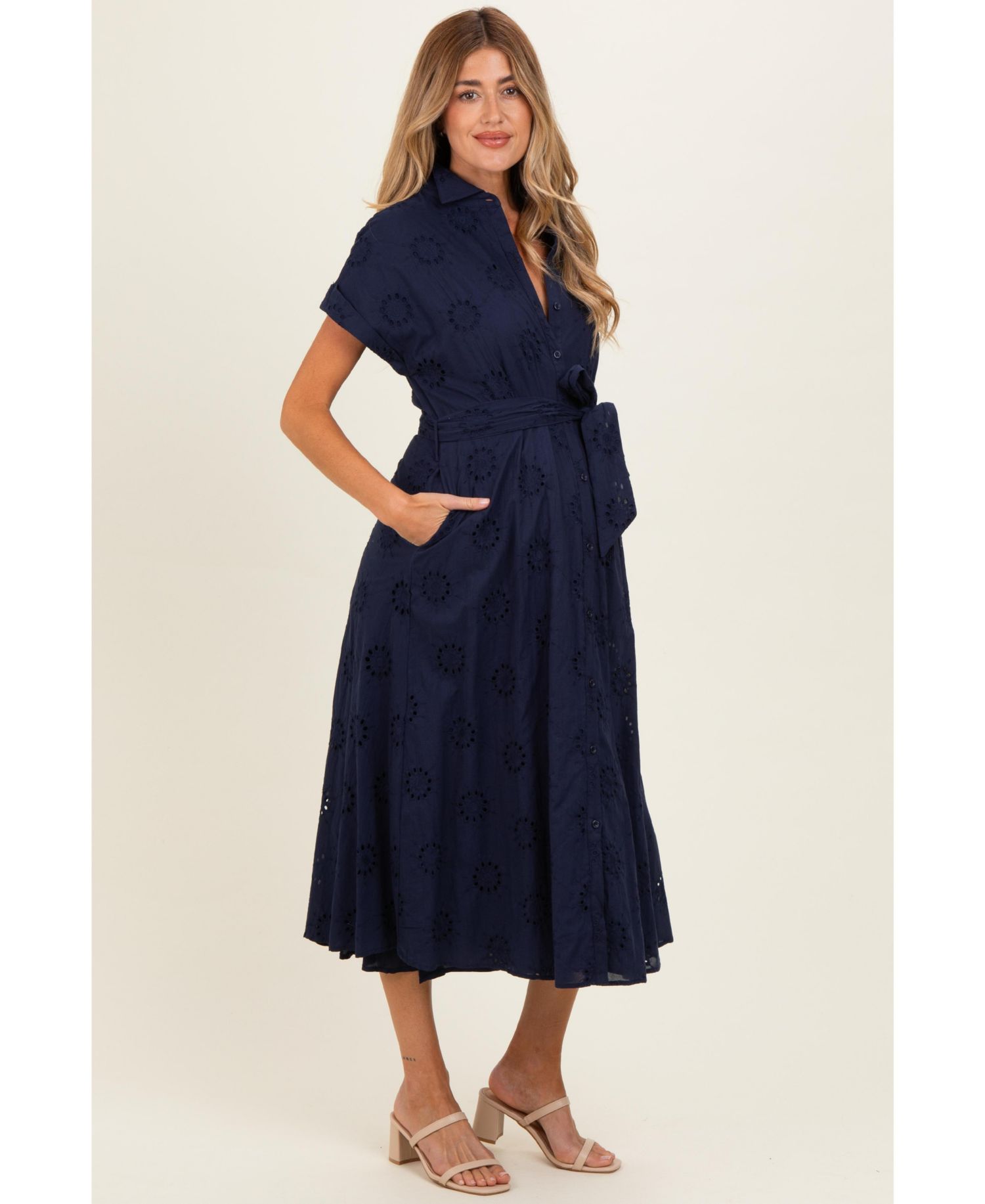 Women's Navy Eyelet Lace Waist Tie Shirt Dress