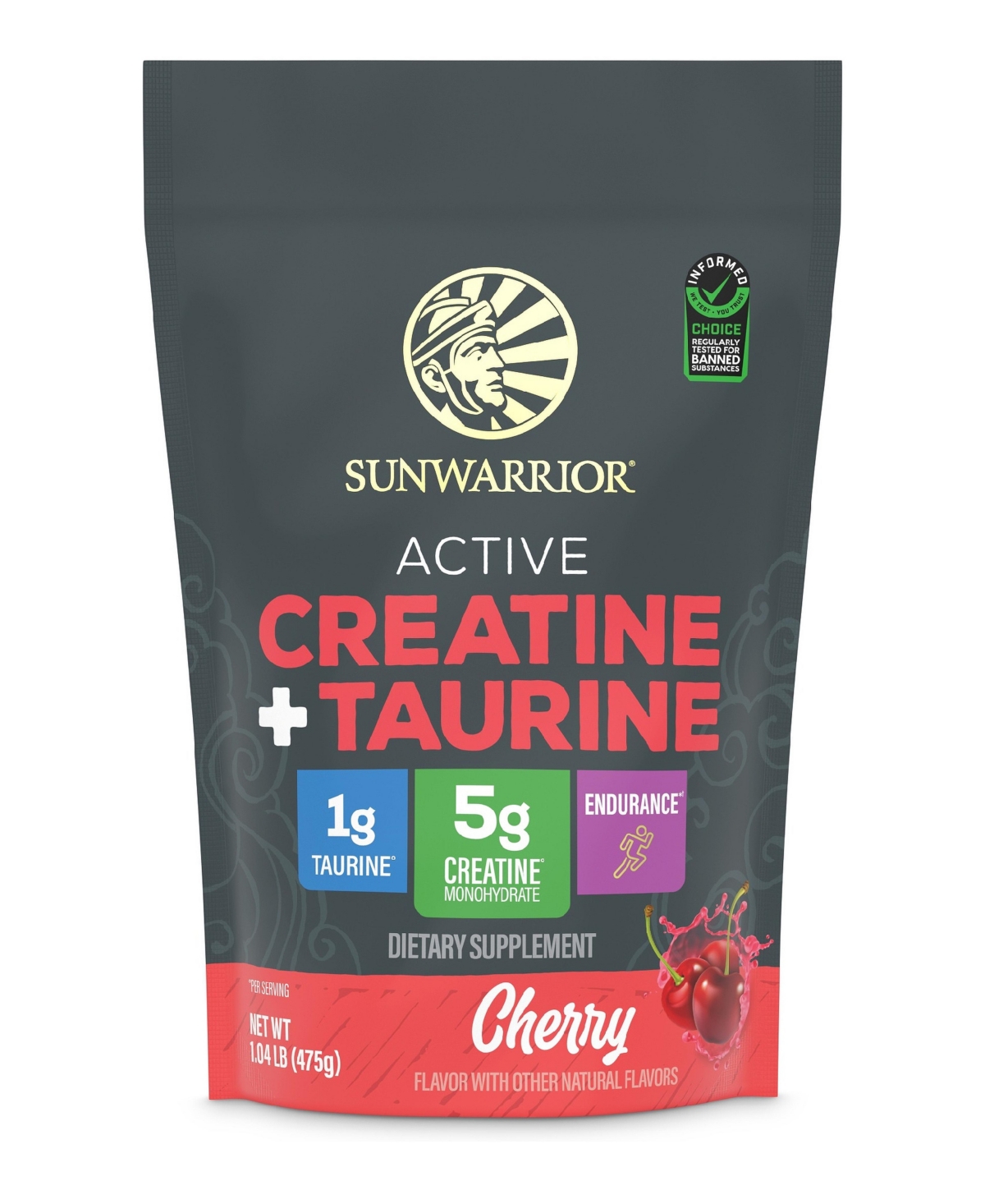 Sunwarrior Active Creatine Plus Taurine Powder, Cherry Flavor, 475.2 Gram
