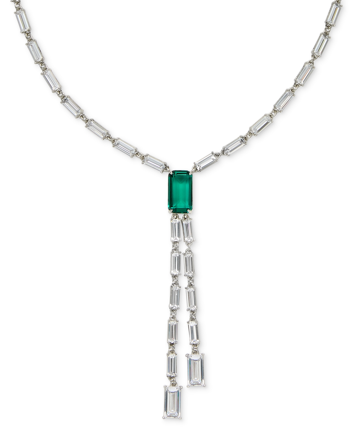 Lauren Ralph Lauren Silver-Tone Cubic Zirconia Baguette Y-Neck Necklace - Green