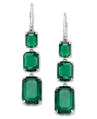 Silver-Tone Emerald Crystal Simulant Triple-Drop Earrings